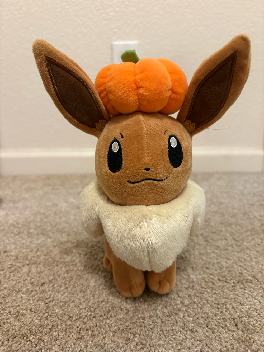 Pokemon Eevee Plush with Orange Pumpkin Hat and Cream Collar